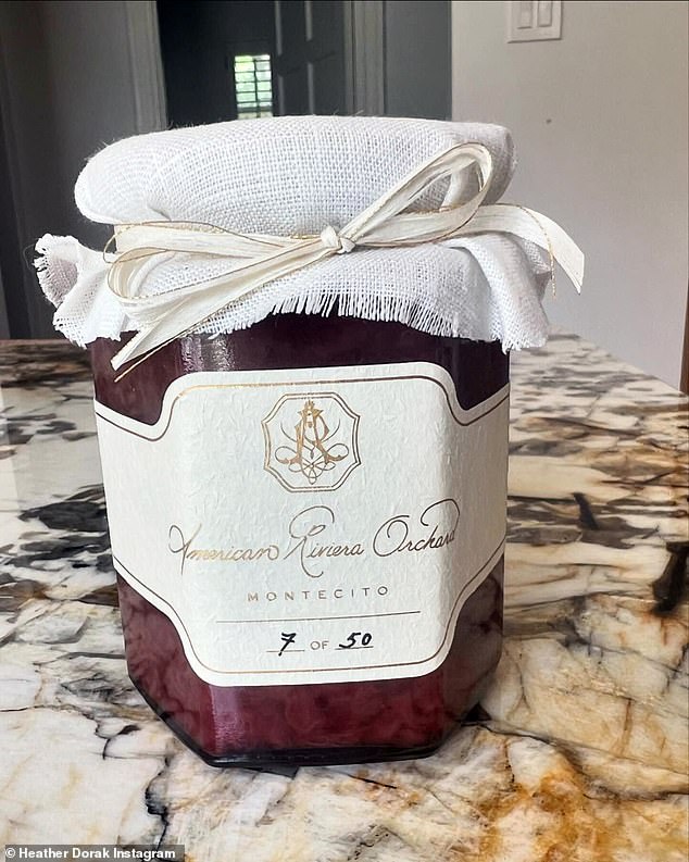 Her lawyer has applied to trademark the brand in the U.S. for various goods, including cutlery, recipe books, tablecloths, napkins, jams, edible oils, vegetable and dairy-based spreads (pictured: Heather Dorak posts a photo of her American Rivera Orchard Jam on Instagram)