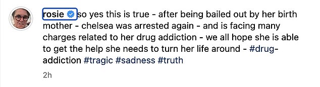 The League Of Their Own star admitted Chelsea had been arrested and said she 'hope[s]' her daughter will be 'able to get the help she needs to turn her life around'