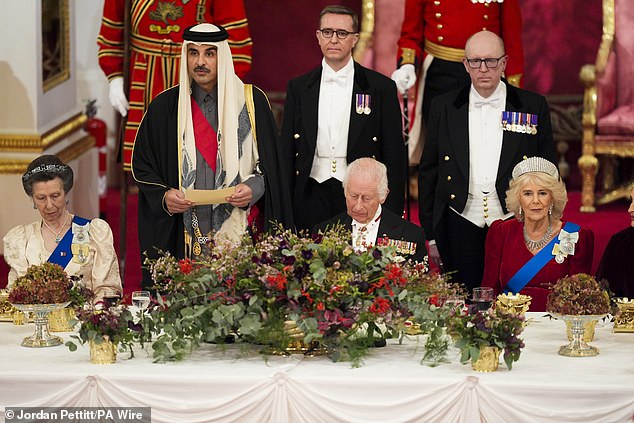 Senior Qatari diplomats have told the Mail that they are ¿deeply honoured¿ the King has chosen their country as the first Middle Eastern state to be invited for a full state visit to the UK since Charles¿ accession. Pictured: The Emir speaking at the reception in his honour