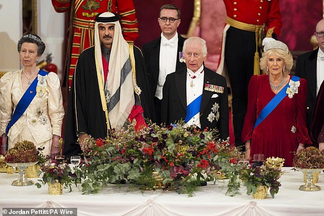 From left to right: The Princess Royal, the Emir of Qatar, King Charles, and Queen Camilla