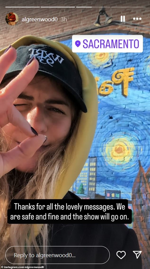 Drummer Alex Greenwood shared a selfie from Sacramento to indicate the band had arrived in California's capital city without further incident