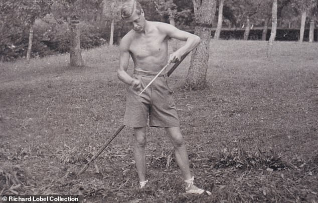 The former King Edward VIII is seen with scythe in hand in a mystery garden in the summer of 1937, just weeks after his brother, the new King George VI, was crowned at Westminster Abbey. It is one of several photographs that are to be revealed for the first time in a new documentary