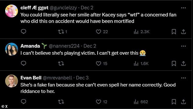 X user @guncleizzy marveled: 'You could literally see her smile after Kacey says "wtf." A concerned fan who did this on accident would have been mortified'