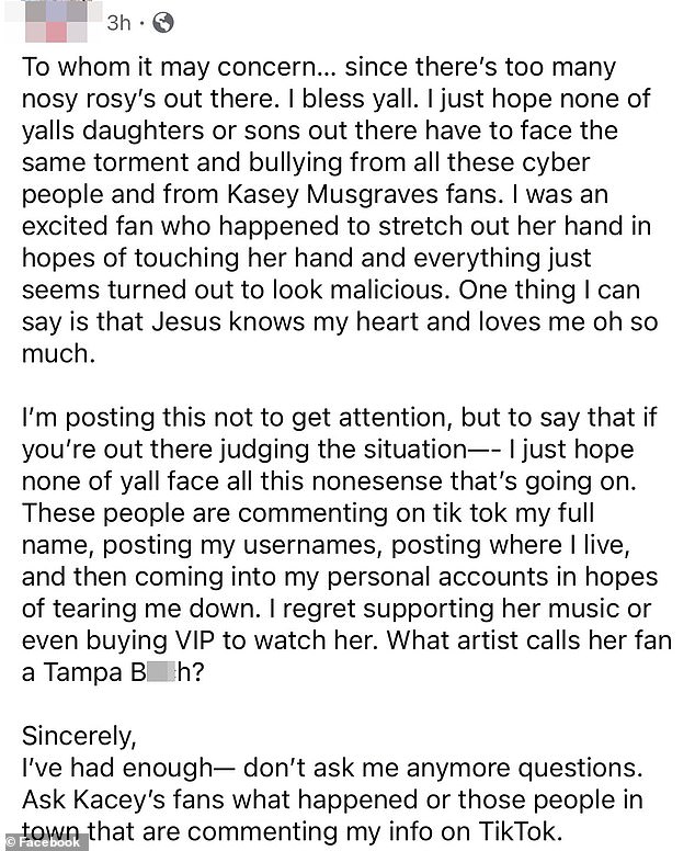 On Monday, X user @spaceyvicky reposted a Facebook message from the alleged woman, who defiantly refused to apologize and even misspelled Kacey's first name