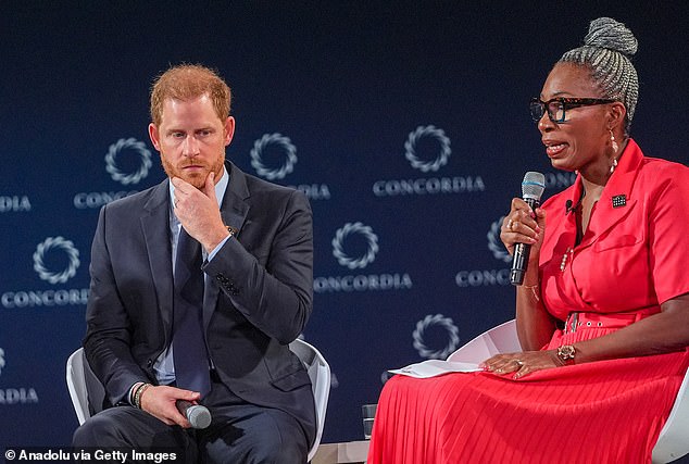 Tessy Ojo, chief executive of the charity, said: 'We warmly congratulate our new Diana Award recipients from the UK and across the world who are inspiring change for their generation. Pictured: Prince Harry speaks on the global mental health crisis with Tessy Ojo on September 23 2024