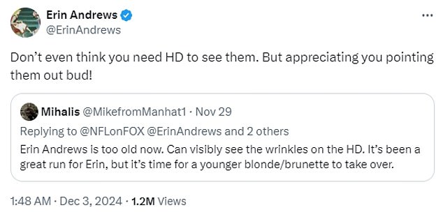 The 46-year-old Fox Sports reporter sarcastically told the man that a television doesn't need to be HD in order for viewers to see the 'wrinkles' on her face