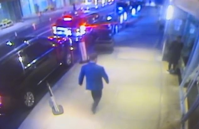 In footage of the tragedy, UnitedHealthcare CEO Brian Thompson, wearing a blue suit, was seen walking in front of the Hilton Hotel in Manhattan at 6:45am seconds before the gunman approached