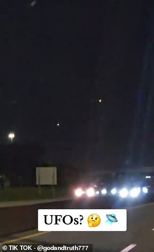 Another Tik Tok user in the area, who posts as @godandtruth777, might have also captured the UFOs on film (above), commenting: 'Seen in DFW! And they didn't look like planes!'