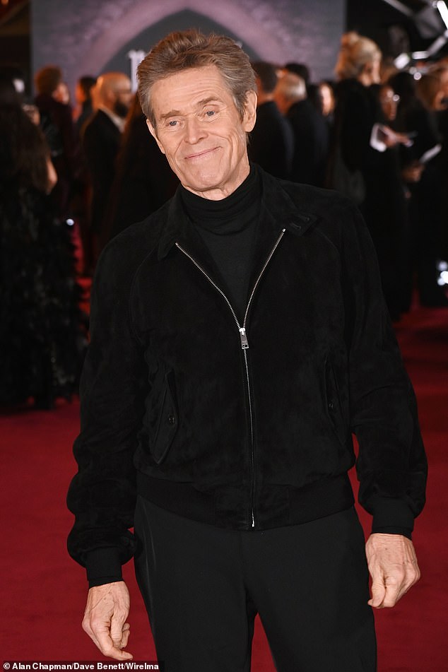 Willem Dafoe, who plays Prof. Albin Eberhart von Franz, kept it cool in a zip up black jacket