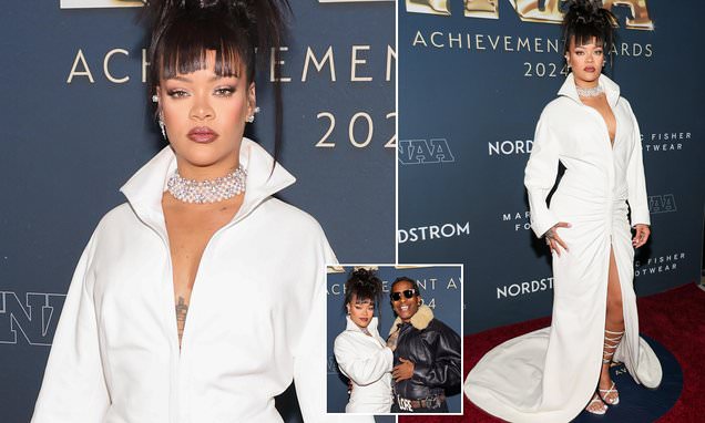 Rihanna is a wonder in plunging white gown as she leads stars at the Footwear News