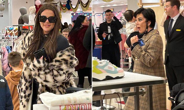 Khloe Kardashian struts around London's Selfridges in a fluffy leopard print coat with