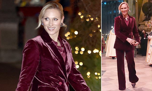 Zara Tindall dons a chic burgundy trouser-suit as she joins Princess Beatrice and family