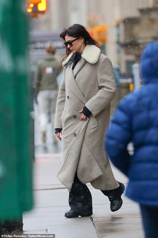 Anne Hathaway, 42, her family packed their $100K Telsa ahead of leaving home in snowy N ew York City for a Christmas getaway on Friday