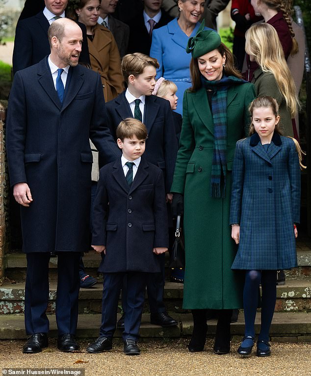 The Prince and Princess of Wales and their three children, George, 11, Charlotte, nine, and Louis, six, posed for photographs outside the church at Sandringham