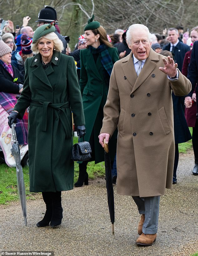 King Charles and Queen Camilla put on a smiling display as they waved at the crowds, many of whom had been waiting at Sandringham since yesterday evening