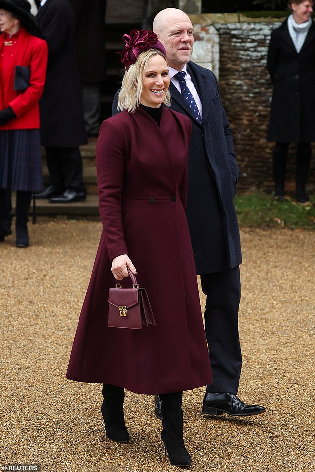 Zara Tindall (left), pictured with her husband Mike Tindall, wore a beautiful burgundy coat to the church service