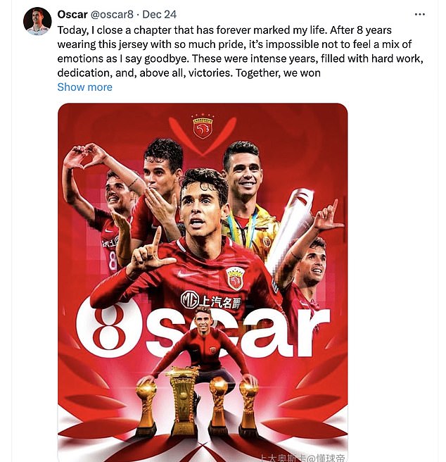 Oscar paid an emotional tribute to Shanghai Port and their fans when his exit was announced