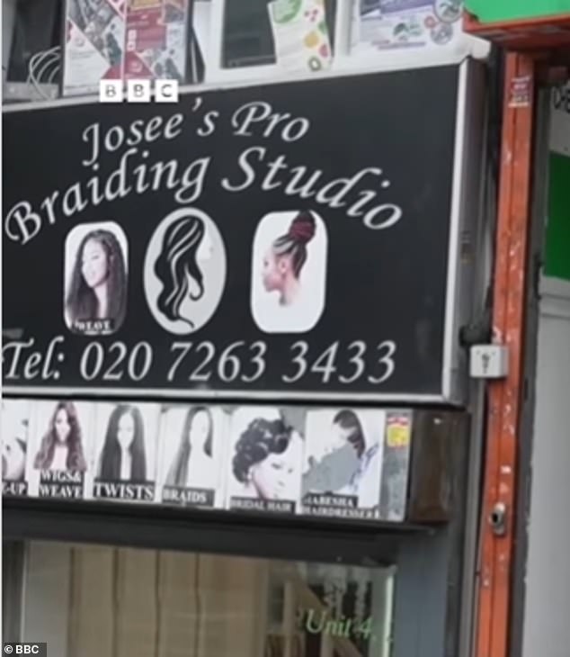 The specialist braider worked tirelessly for 'three days and three nights' to create the custom wig from her very own hair salon, Josee's Professional Braiding Studio (pictured), in Seven Sisters, north London