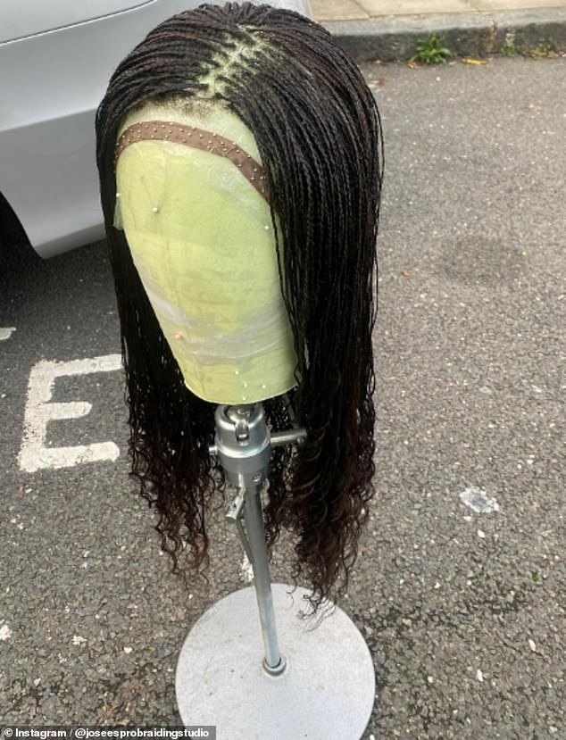 Called a micro knotless braided wig, it gives the illusion of real micro knotless braids - a style utilising one's own hair, in which tiny hair extensions are rhythmically fed into the the braid until a desired length is reached (Pictured: The custom wig Maria created for Cynthia)