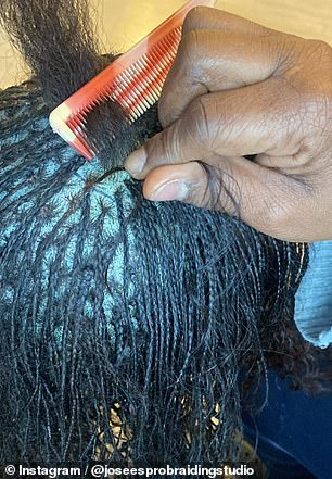 Maria works on the micro knotless braided wig