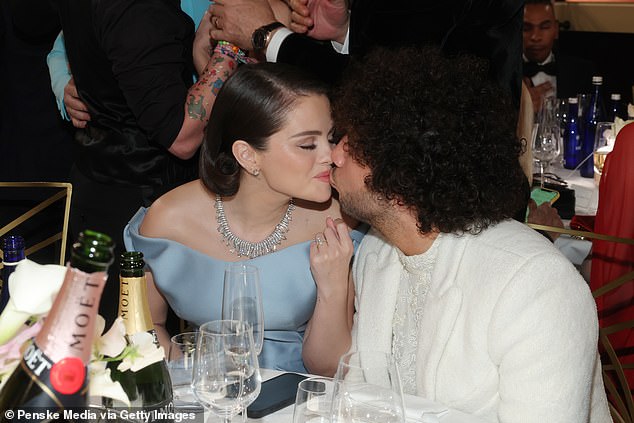 Selena Gomez and her fiancé Benny Blanco were another loved-up couple at the Golden Globes. They shared plenty of adorable kisses between awards presentations