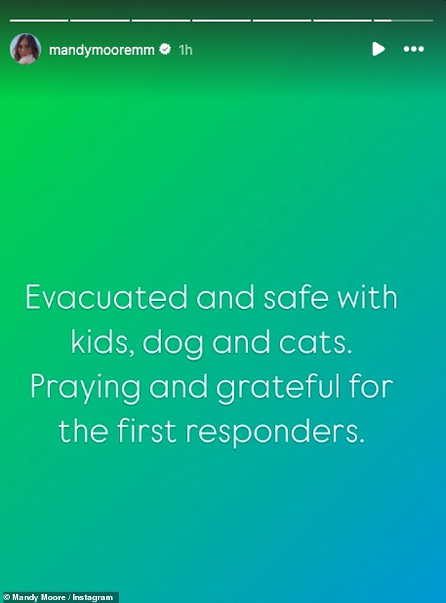 'Evacuated and safe with kids, dog and cats. Praying and grateful for the first responders,' she wrote on her Instagram Stories Tuesday