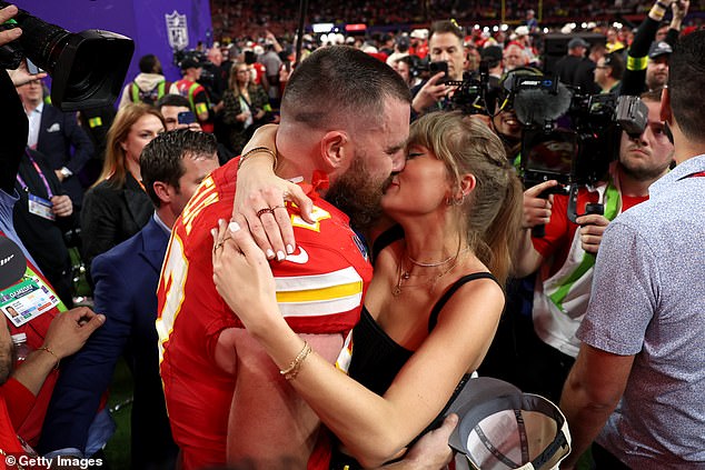 Kelce and Swift kiss on the field after the Chiefs won the Super Bowl in Las Vegas last year