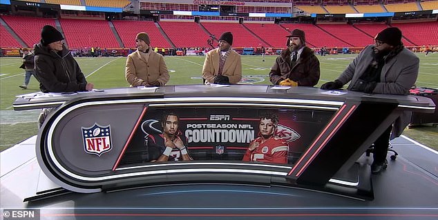 Jason Kelce is seen second from the right during ESPN's pregame show on Saturday