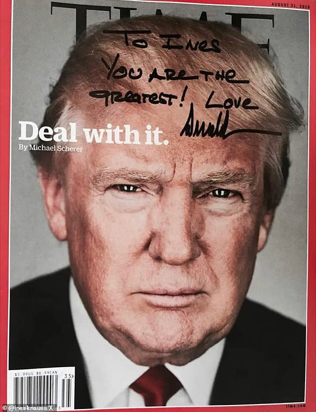 In another post from the X account there is a photo showing a Time Magazine cover that appears to be signed by Donald Trump addressed to Ines.