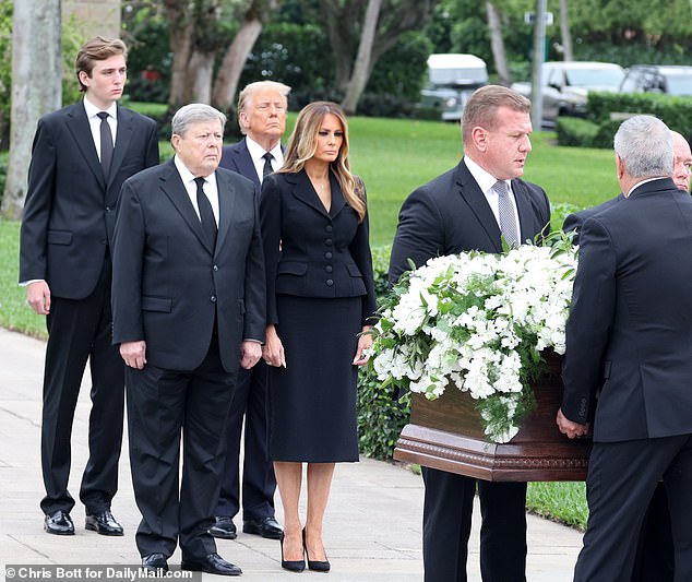 Knauss wasn't pictured at her mother Amalija's funeral in January of last year. (Pictured: Viktor Knauss with Melania at funeral of his wife Amalia in Palm Beach on January 18, 2024)