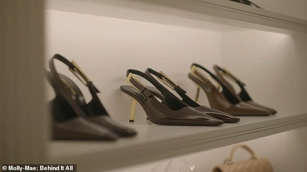 One shot showed a shelf that has two pairs of the same burgundy YSL heels, and one brown pair next to them, which cost around £955 each