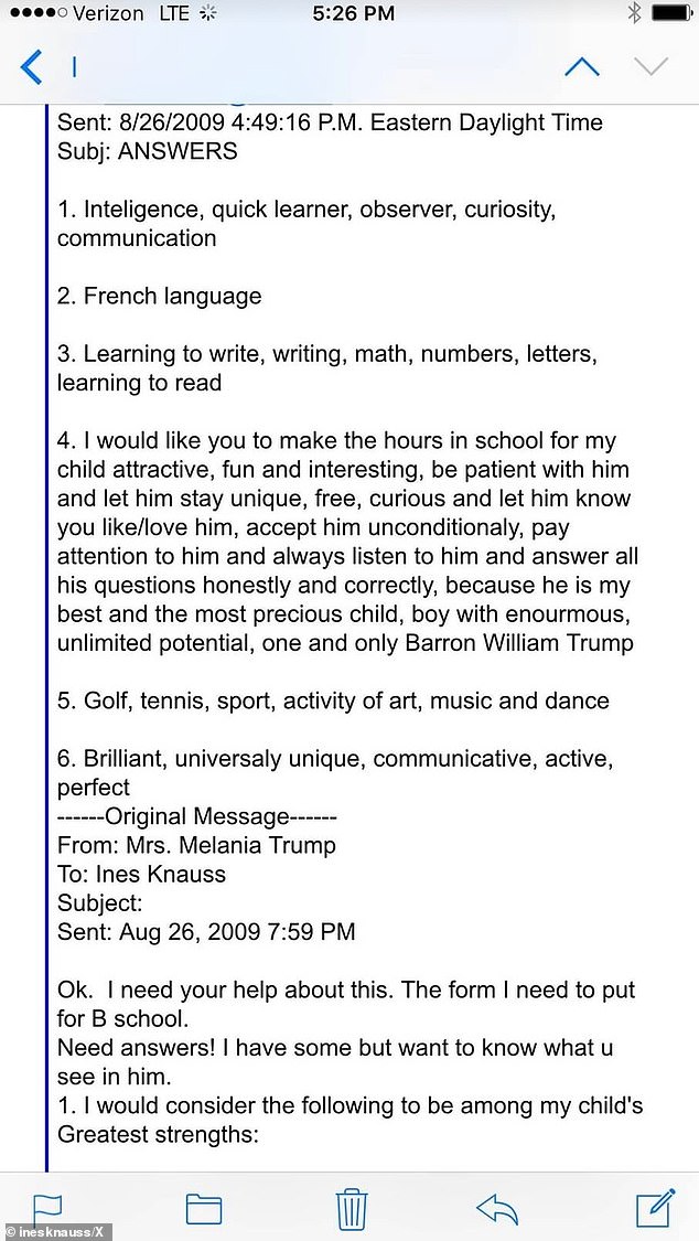 One post on an X (formerly Twitter) account established in Knauss's name and followed by Melania's official X account - one of only 58 accounts the first lady follows – on December 2024 purports to show a 2009 email sent to Knauss from her sister, in which Melania asks Knauss to help her fill out a questionnaire from Barron's elementary school that requests a list of his strengths and needs.