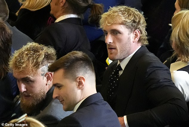 Jake Paul (L) and Logan Paul (R) sit the VIP viewing area in Emancipation Hall for the Inauguration of Donald J. Trump in the U.S. Capitol Rotunda on January 20