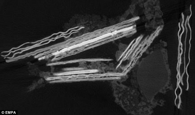 As these coins were far too fragile to separate, the team used a high resolution detector and a new instrument known as the µDETECT ¿ an x-ray computer tomograph ¿ to take precise measurements of the artefacts. An x-ray image showing the first details is pictured 