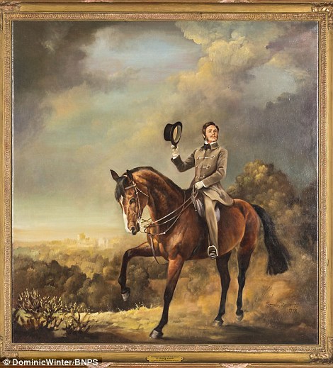 An oil painting of Robert Hardy on horseback in the role of Prince Albert. Estimated at £300-£400