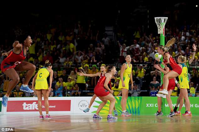 Team England celebrate at full time after beating Australia in the Commonwealth netball final