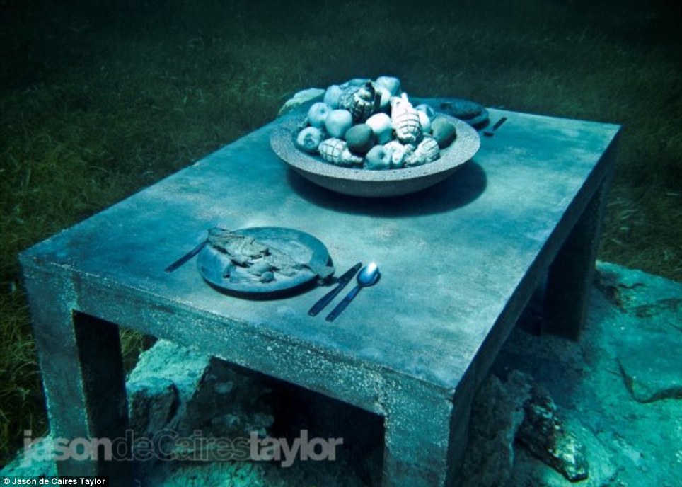 Set and ready: A table set with a bowl of grenades and fruit rests ready for diners which are expected to soon be tiny plants and animals using it as shelter