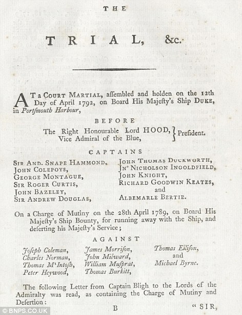 A rare copy of the minutes of the court martial of the mutineers of the HMS Bounty has come to light 221 years after they famously cast Captain William Bligh adrift in the Pacific