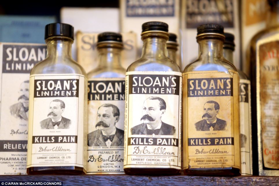 Cure all: A display of Victorian painkillers in the chemist shop