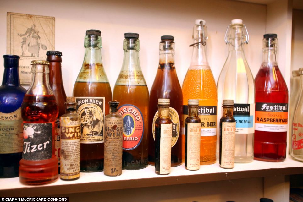 Thirsty work: A display of old drinks bottles, some which still contain their original liquid