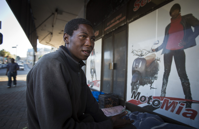 Mackenzie Ntsoseng, 24, a homeless man originally from Soweto township but who for the last 7 years has lived on the streets of the upmarket Rosebank neighbo...