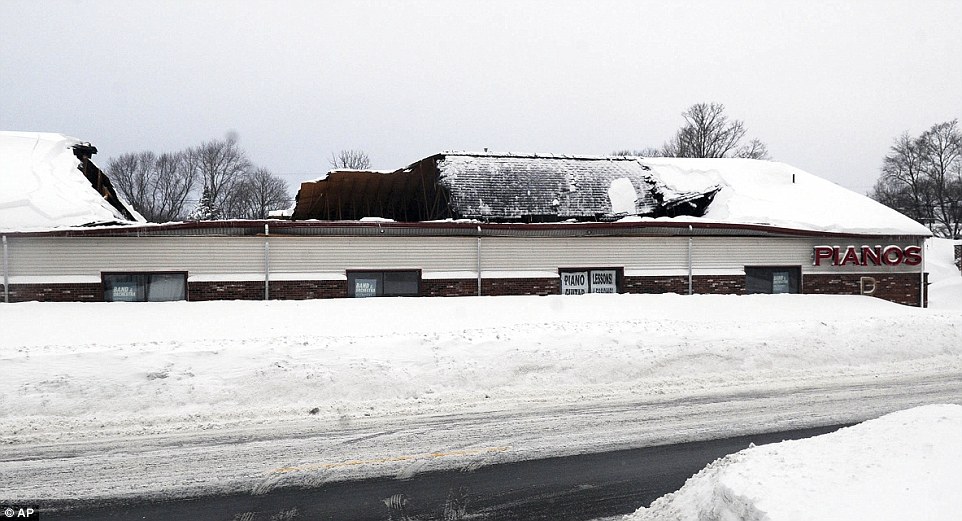 Huge weight: The roof of the Piano Mill sits partially collapsed after falling into the music store's showroom which contains a $500,000 rhinestone encrusted piano once owned by Liberace. No one was in the building at the time of the collapse, nor was anyone being allowed inside until a structural engineer assesses damage