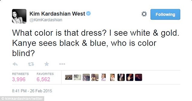 This could explain why young people, who tend to spend more time indoors and stay up late, were more likely to see it as blue and black, and why women, who are less likely to be night owls than men, veered towards white and gold. Kim Kardashian and her husband Kanye West disagreed on the colour of the dress