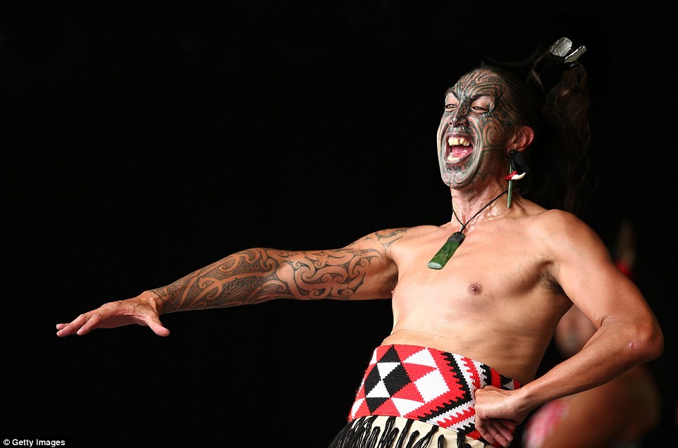 A male member of Tuhourangi-Ngati Wahiao from Rotoura boasts exceptionally intricate facial tattoos during a performance