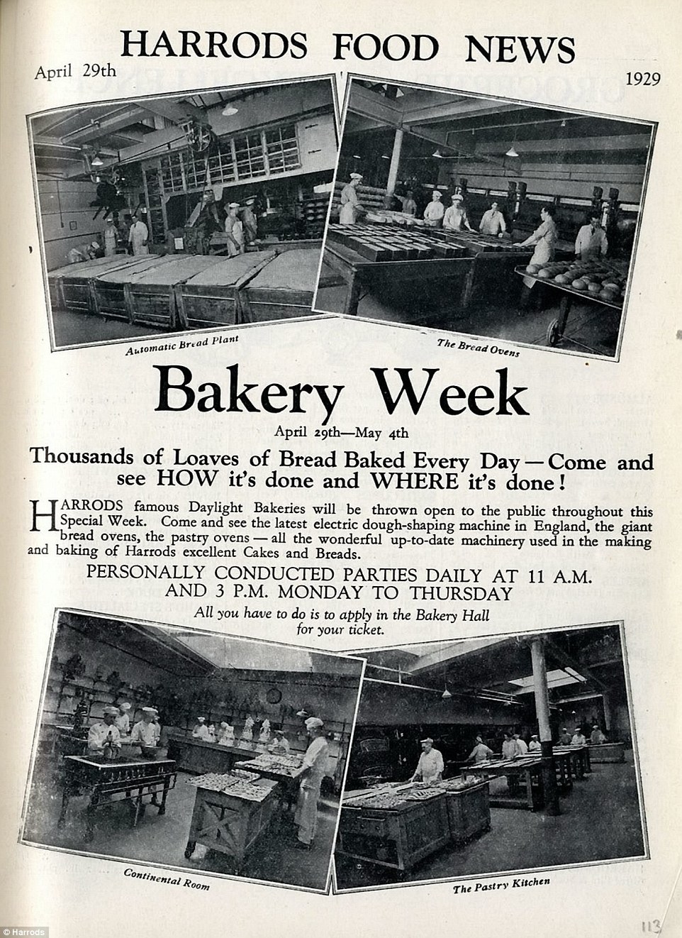 Harrods's depository and Daylight Bakeries were featured in April 29th, 1929, edition of Harrods Food News which invited the public to come and view it