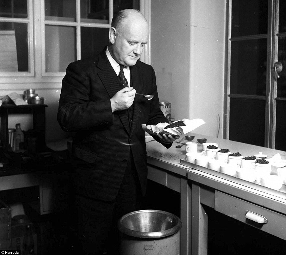 A quality taster in 1929, with his bin at his side, tests the goods to ensure they are Harrods standards at the depository which was transformed into flats 12 years ago