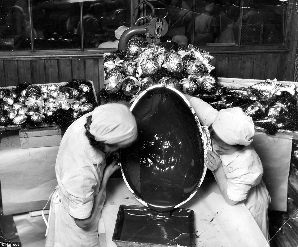 Easter eggs are made by employees at the Harrods Depository Building in 1929 (pictured) which has since been transformed into a luxury block of flats