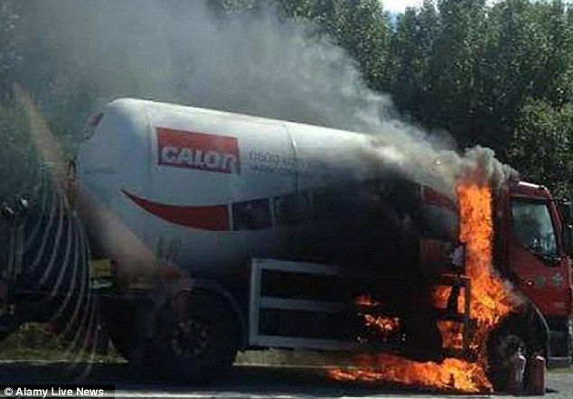 Motorists were evacuated from their vehicles on the M56 after a propane gas tanker caught fire in Cheshire