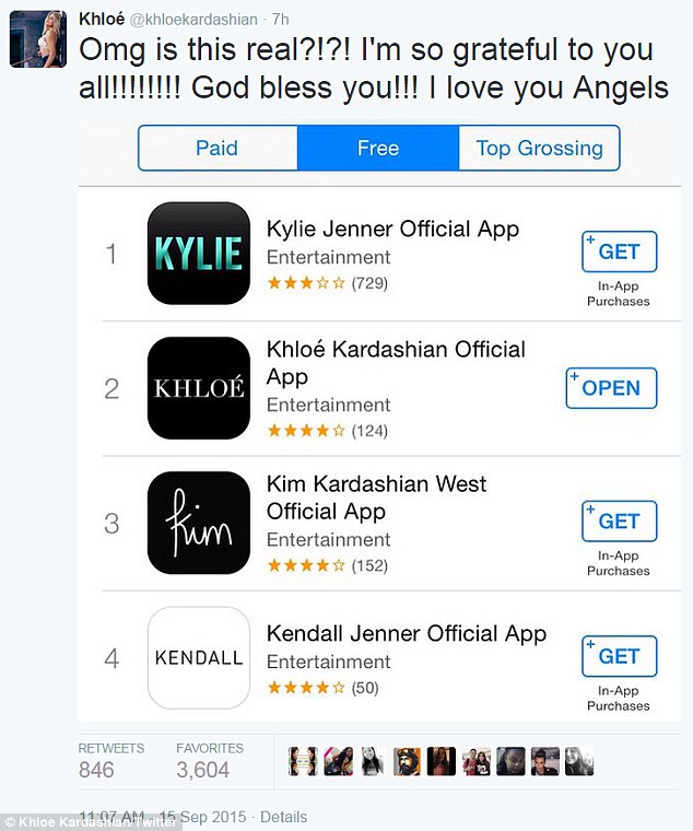 Supportive sister? Earlier in the day the 31-year-old reality star posted this screen shot of she and her sisters' apps in the iTunes App Store but was criticised by fans as it didn't appear as if she downloaded the apps of her siblings