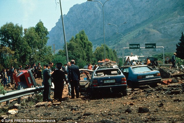 Judge Giovanni Falcone was also killed by the Mafia (pictured), along with his wife and two police guards, after the hitmen planted explosives under the motorway he was forced to travel along to reach the airport